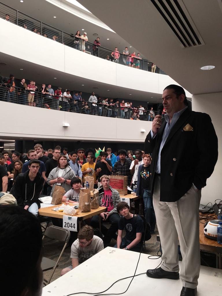 Walter obrien speaking at codewars houston march 2016 - my bb8 head in background