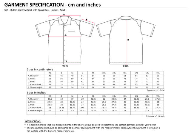 554 Button Up Crew Shirt w. Epaulettes - Unisex (inches) JPG
