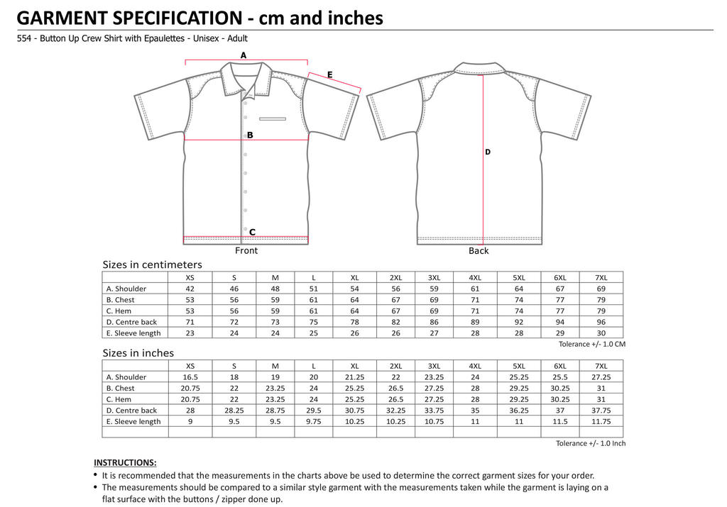 554 Button Up Crew Shirt w. Epaulettes - Unisex (inches) JPG