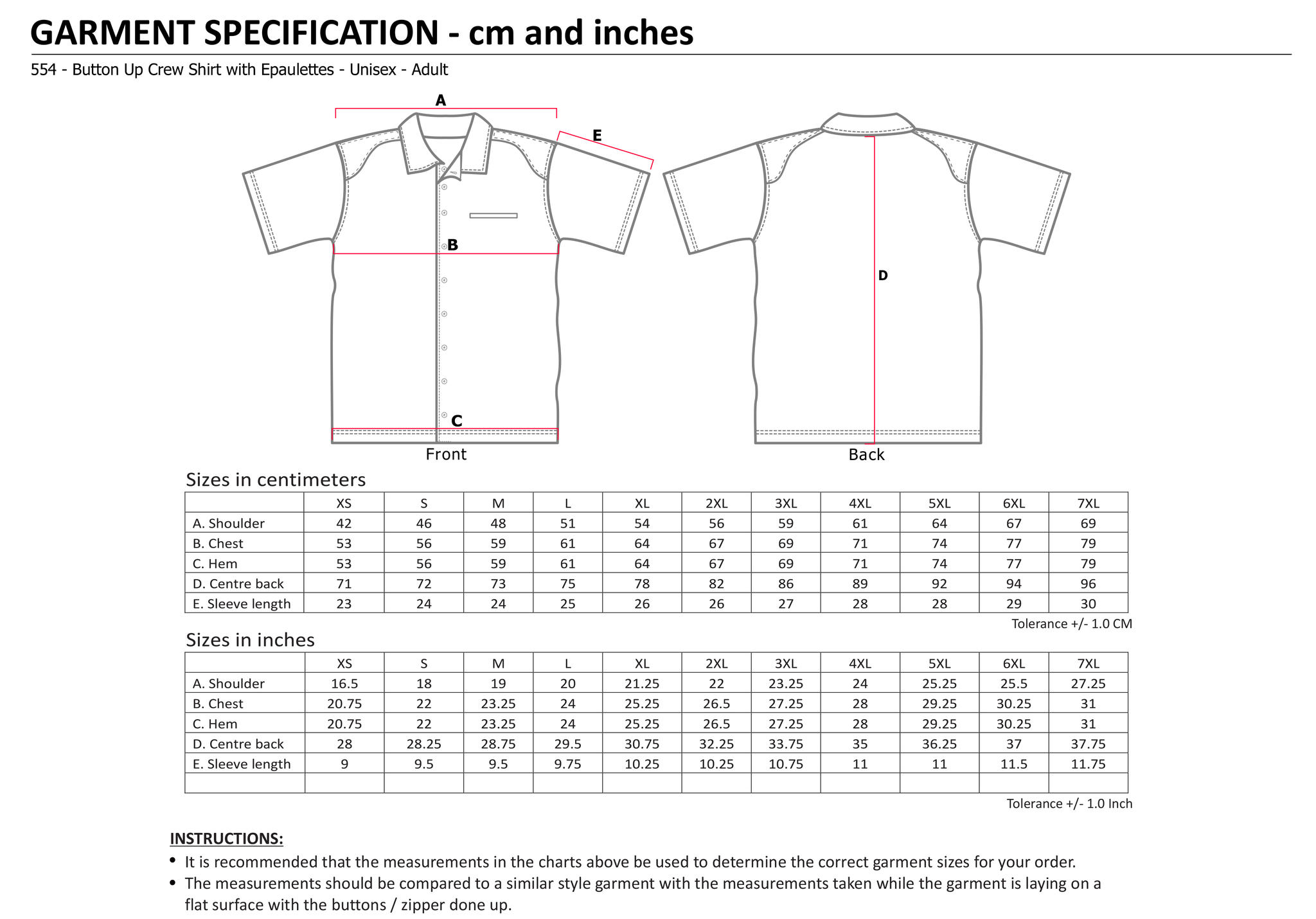 554 Button Up Crew Shirt w. Epaulettes - Unisex (inches) JPG