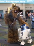 R2-D2 with Chewbacca and C3PO on his back